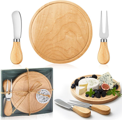 Maxcheck 6 Sets Baby Shower Bridal Game Prizes for Winners Round Cheese Board Set Wood Mini Charcuterie Board with Knives and Forks Thank You Card with Gift Box for Guests Wedding (Bamboo)