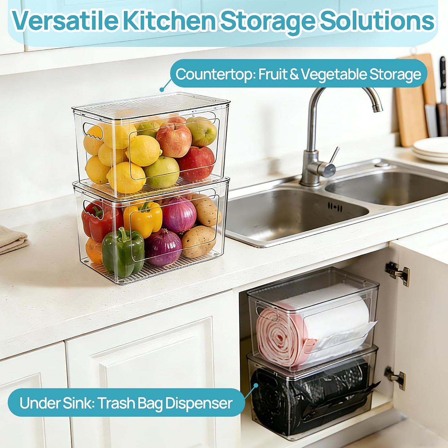 Vtopmart 2 Pack Trash Bag Holder with Bamboo Lid, Stackable Garbage Bag Dispenser for 13/30/33 Gallon Bags, Clear Organizer Bins for Under Kitchen Sink, Laundry Room Organization and Storage