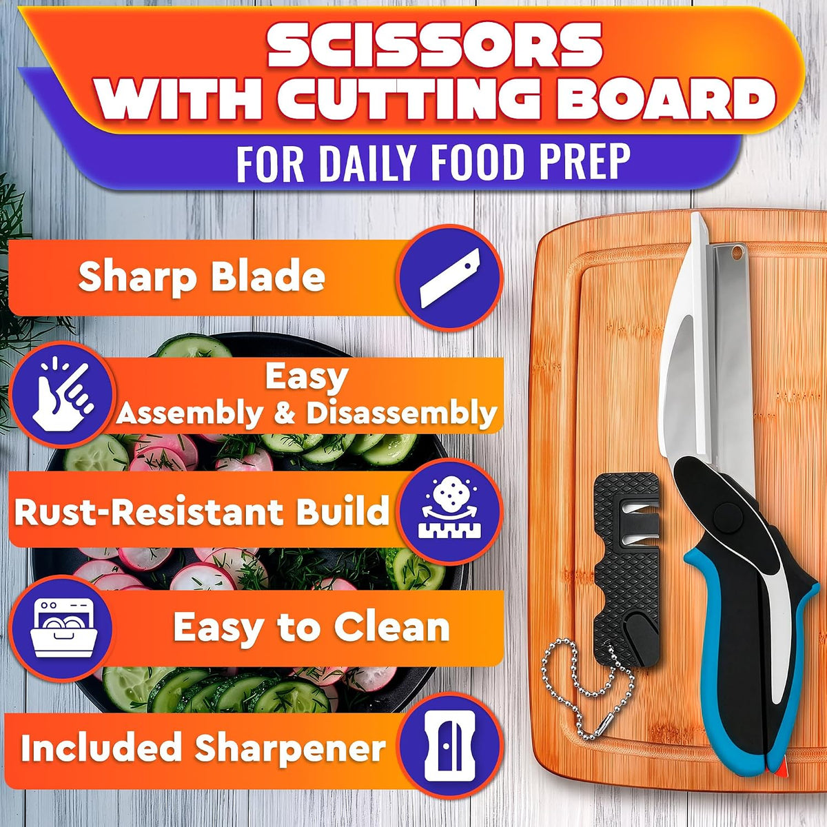 2 in 1 Kitchen Scissors for Food with Knife Sharpener (Grey)