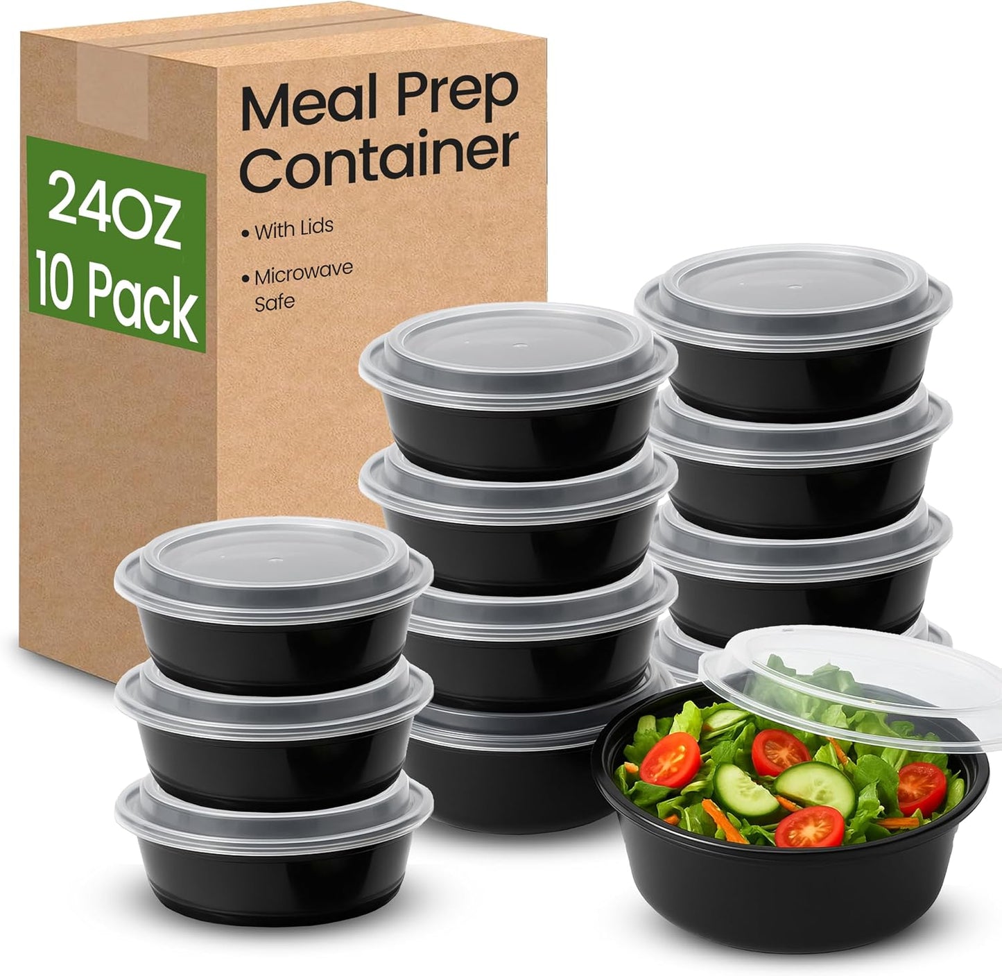 Velzy 10 PCs Microwavable Round Meal Prep Containers with Lids Reusable – 24 oz (3 Cups) Meal Prep Bowls with Lids Set, Microwave Safe