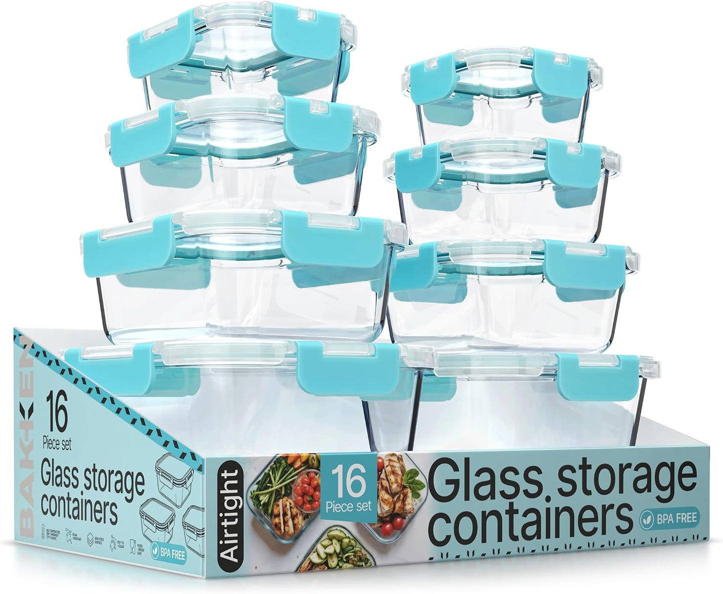 Bakken Borosilicate Glass Food Storage Containers with Lids 16 Pieces, BPA-Free Stackable Lunch & Leftover Containers, Microwave, Freezer & Dishwasher Safe, 100% Airtight Leak-Proof, Gray