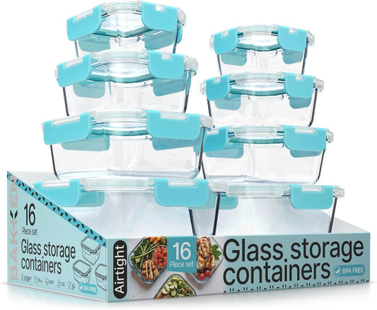 Bakken Borosilicate Glass Food Storage Containers with Lids 16 Pieces, BPA-Free Stackable Lunch & Leftover Containers, Microwave, Freezer & Dishwasher Safe, 100% Airtight Leak-Proof, Gray