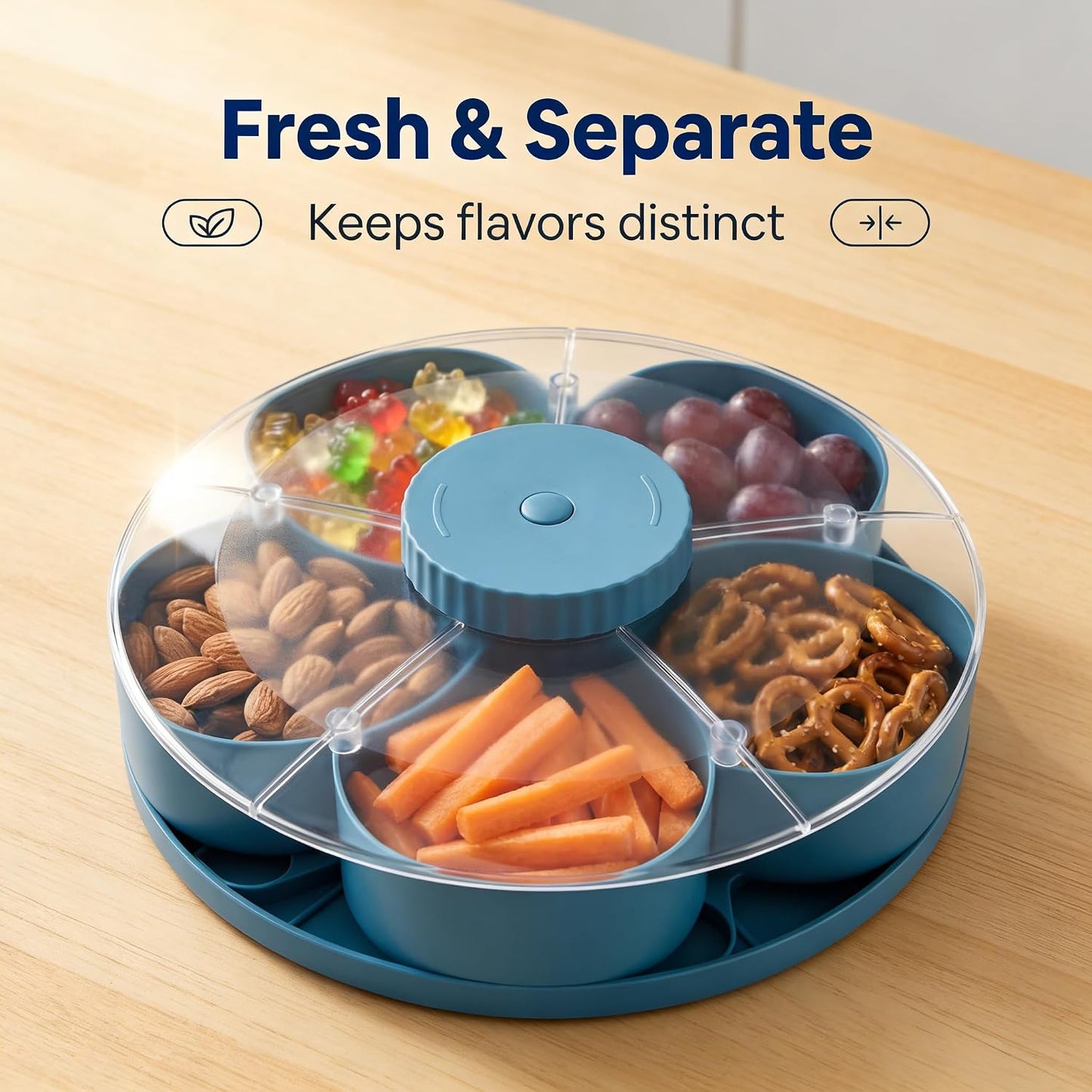 Divided Spin & Snack Serving Tray, Portable Travel Rotating Multi-Compartment Food Organizer with Lid, Party Platter for Chips, Veggies, Fruits, Dips, Nuts (Blue)