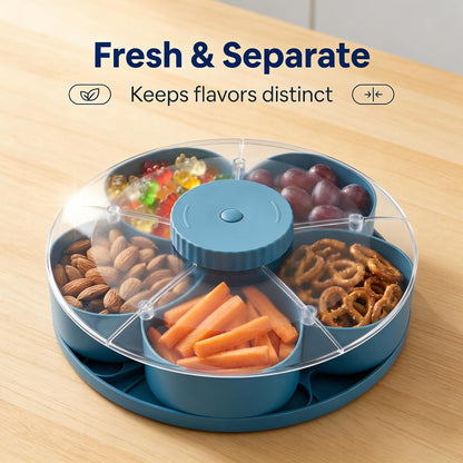 Divided Spin & Snack Serving Tray, Portable Travel Rotating Multi-Compartment Food Organizer with Lid, Party Platter for Chips, Veggies, Fruits, Dips, Nuts (Blue)
