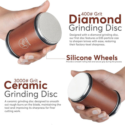 Rolling Knife Sharpener with Diamond and Ceramic Discs, Kitchen Knife Sharpener with 15° & 20° Magnetic Angles, Strong Knife Sharpening Kit (Brown)