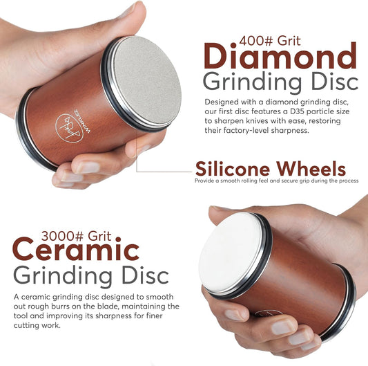 Rolling Knife Sharpener with Diamond and Ceramic Discs, Kitchen Knife Sharpener with 15° & 20° Magnetic Angles, Strong Knife Sharpening Kit (Brown)