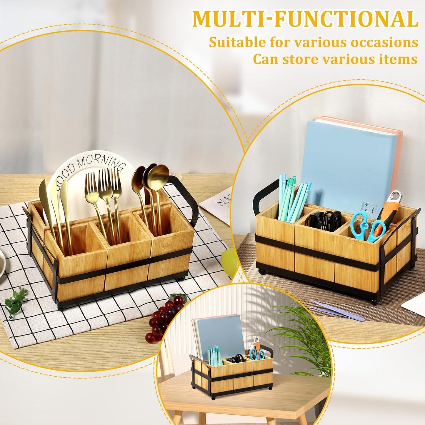 4 Compartment Silverware Caddy - Wood Silverware Holder with Double Handle, Bamboo Removable Slot Utensil Caddy, Rustic Farmhouse Flatware Holder for Paper Plates, Spoons, Forks, Napkins, Cutlery