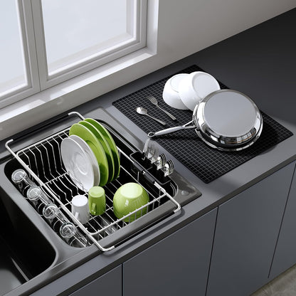 JASIWAY Dish Drying Rack in Sink, Expandable Stainless Steel Dish Drainers for Kitchen Counter, Dish Dryer Rack for Inside Sink, Over The Sink Dish Racks with Utensil Holder, Silver