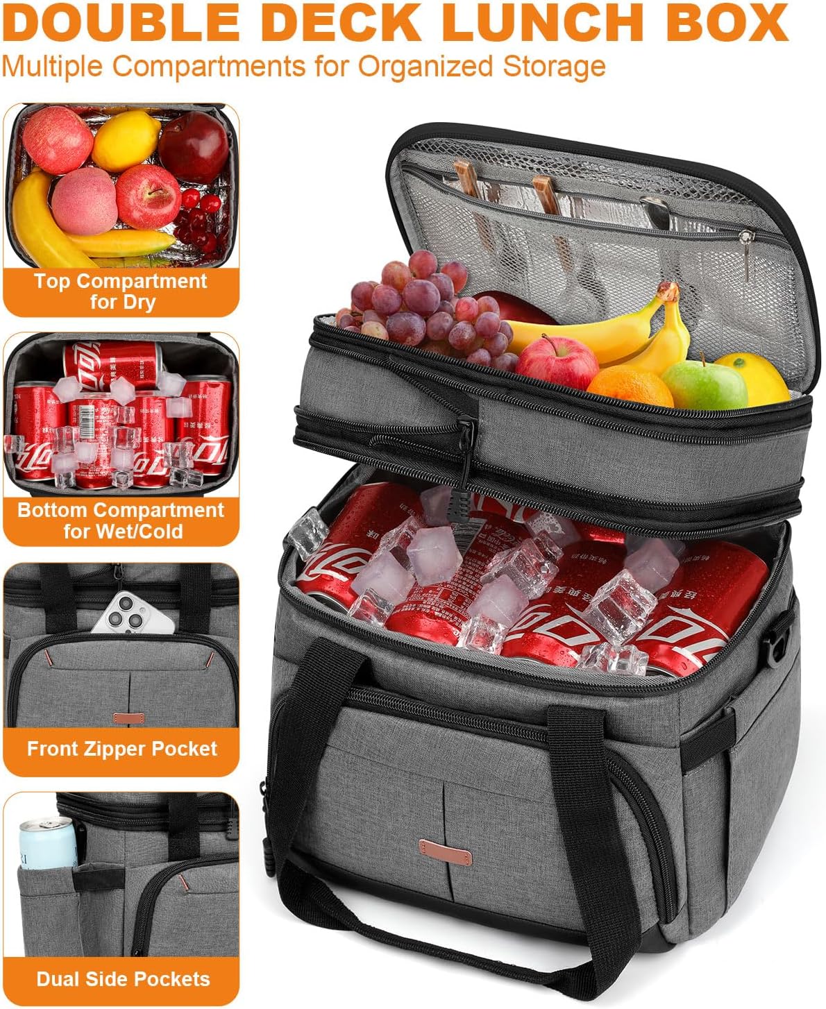 Pritent Lunch Box For Men Women Double Deck Insulated Lunch Bag For Men Woman Leakproof Expandable Cooler Bag with Adjustable Shoulder Strap for Kids Shool Work Picnic Camping(Beige,Large)