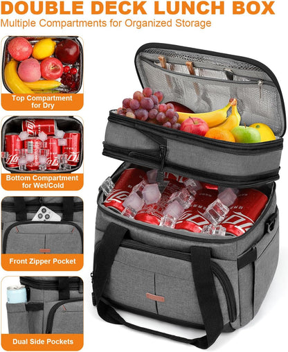 Pritent Lunch Box For Men Women Double Deck Insulated Lunch Bag For Men Woman Leakproof Expandable Cooler Bag with Adjustable Shoulder Strap for Kids Shool Work Picnic Camping(Beige,Large)