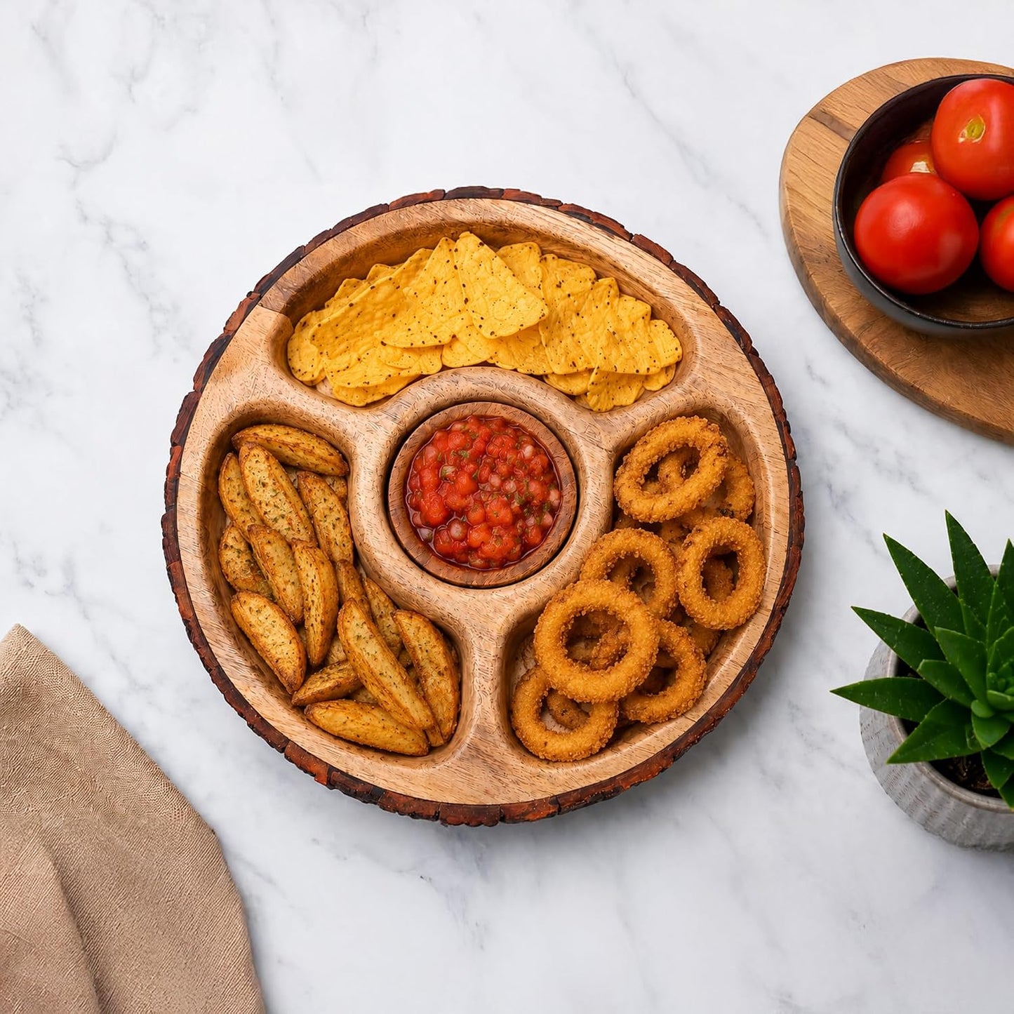 GoCraft Mango Wood Chip and Dip Serving Tray with Bowl, 4-Section Divided Appetizer Platter, Party Bowl Set for Chips & Salsa, Snacks, Entertaining, Hosting - Natural Brown, Rustic Bark Edge, 12.5"