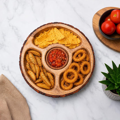 GoCraft Mango Wood Chip and Dip Serving Tray with Bowl, 4-Section Divided Appetizer Platter, Party Bowl Set for Chips & Salsa, Snacks, Entertaining, Hosting - Natural Brown, Rustic Bark Edge, 12.5"