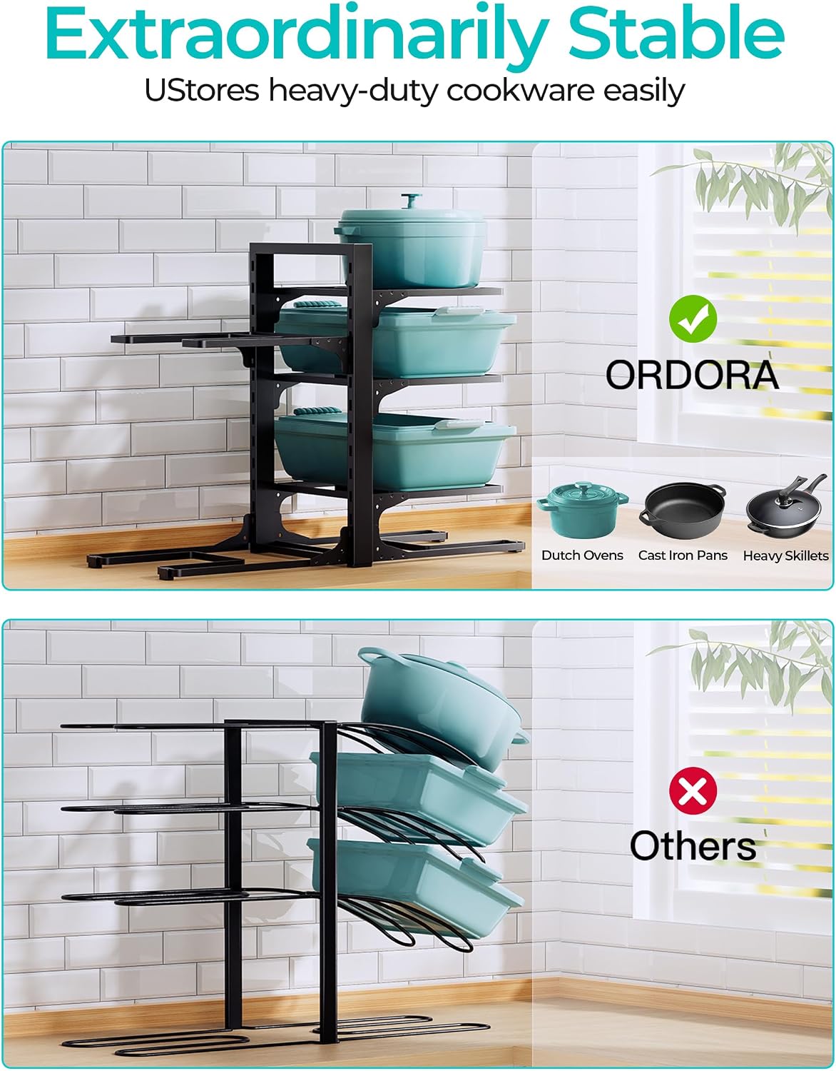 ORDORA Pots and Pans Organizer Under Cabinet 16.6", 8-Tier Adjustable Rack
