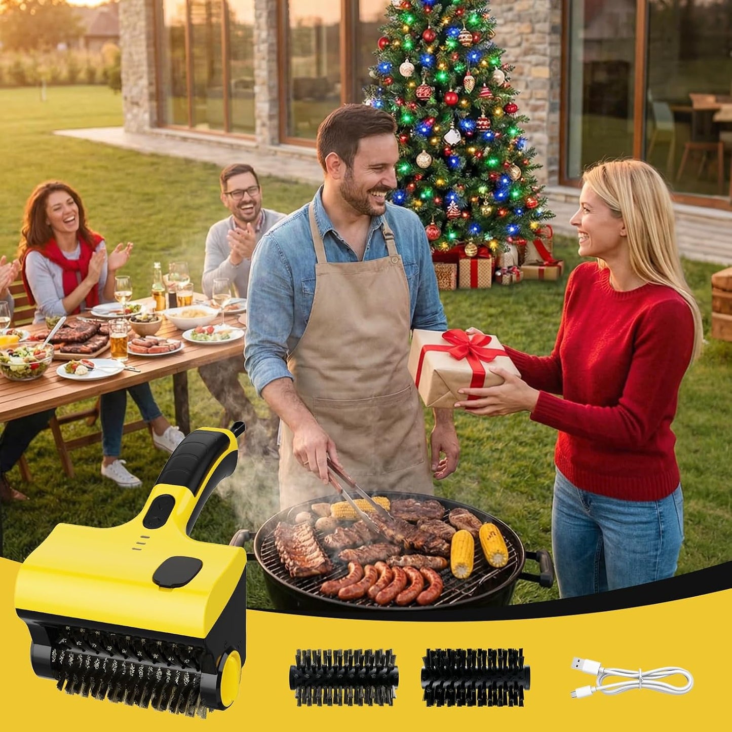 LINGSFIRE BBQ Grill Brush for Outdoor Grill, Electric Grill Cleaner with Water Tank Cordless Rechargeable BBQ Tool Spin Grill Cleaner Brush with 2 Removable Brush Head BBQ Grill Brush