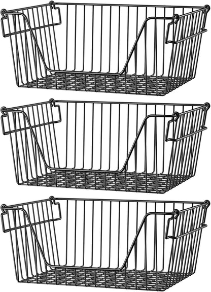 SANNO Black Stackable Wire Baskets Stacking Bins Stackable Basket for Vegetable Storage Pantry, Fridge, and Bathroom Organization,3pack