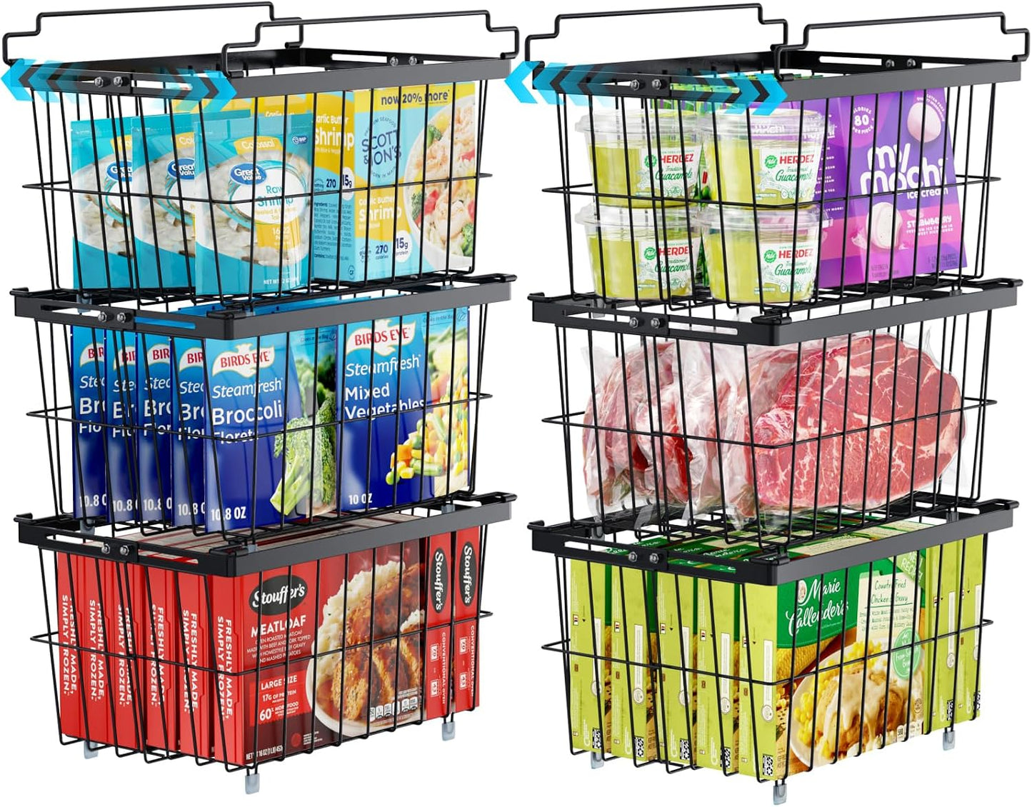 iSPECLE Chest Freezer Organizer - Adjustable Width & Extra Depth, 3 Pack | For 5-7 Cu Ft Chest Freezers, Stackable Large Freezer Organizer Bins, Easy Food Access & Organization, No Wasted Space, White