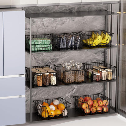 Stackable Wire Metal Baskets Sturdy Cabinet Organizer Wire Pantry Freezer Bin with Handle for Kitchen Fruit Vegetable Organization, Black, 3Packs