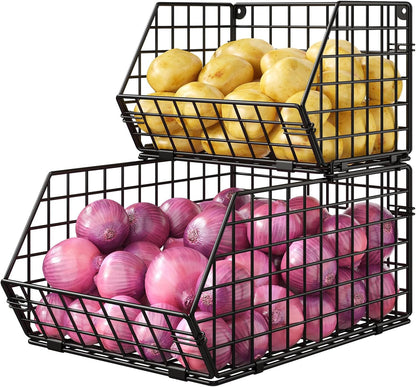 3-Tier Stackable Wire Baskets for Counter, Fruit and Vegetable Storage, Potato and Onion Storage Bin，Kitchen Pantry Organizer - Wall Basket for Produce/Snack/Can, Black