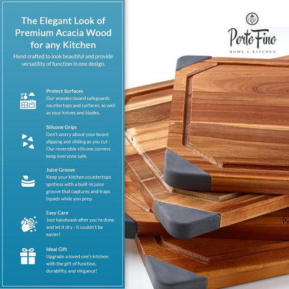 PortoFino Acacia Wood Cutting Board, 2-in-1 Reversible Cutting Board, Charcuterie Board, Premium Wood Serving Board, Built-In Juice Grooves, Non-slip Silicone Corners, Kitchen Gifts