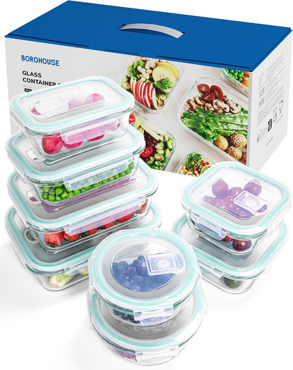8-Pack Borosilicate Glass Food Storage Containers Set with Airtight Lids - Oven, Microwave & Freezer Safe, Leak-Proof, BPA-Free - Baking, Meal Prep & Gift Ready