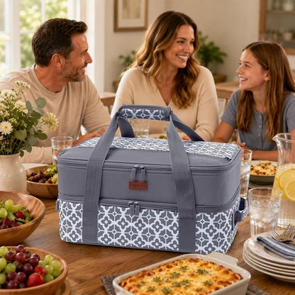 Double Layer Insulated Casserole Carrier, Fits 9" x 13" Baking Dish, Food Transport Carrier with Utensil Pocket for Hot & Cold Dishes, Reusable Potluck Tote for Thanksgiving, Parties&Family Gatherings