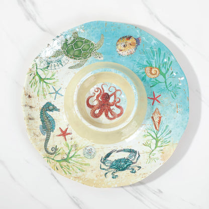UP Sea Life Melamine Chip and Dip Serving Tray, Round Serving Platter for Chips, Salsa, Fruit, and Snacks, Multicolor, 13.5 Inch