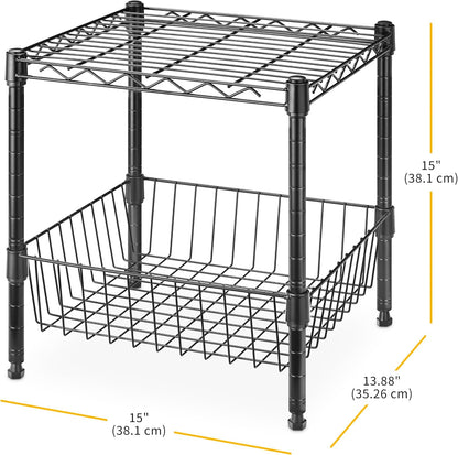Whitmor 2-Wire Shelving Unit, Metal Storage Shelves, Stacking Shelf with Basket, Easy Assembly Home Organizer for Pantry, Kitchen, Garage, Plant