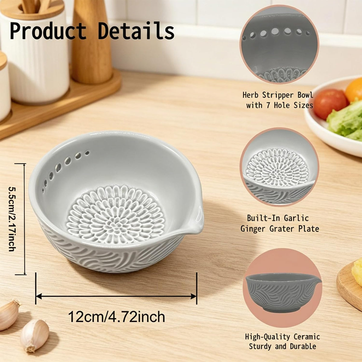 Ceramic Herb Stripper and Garlic Ginger Grater Bowl, 3-in-1 Kitchen Tool