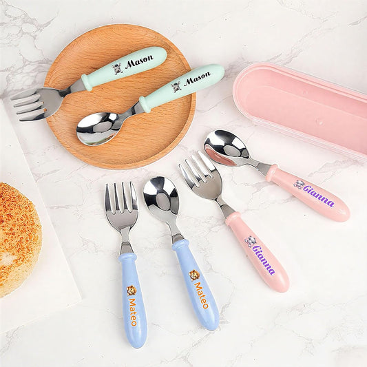 Personalized Kids Stainless Steel Utensil Set with Case, Custom Reusable Fork and Spoon Silverware Set with Name for Lunch Travel & Outdoors