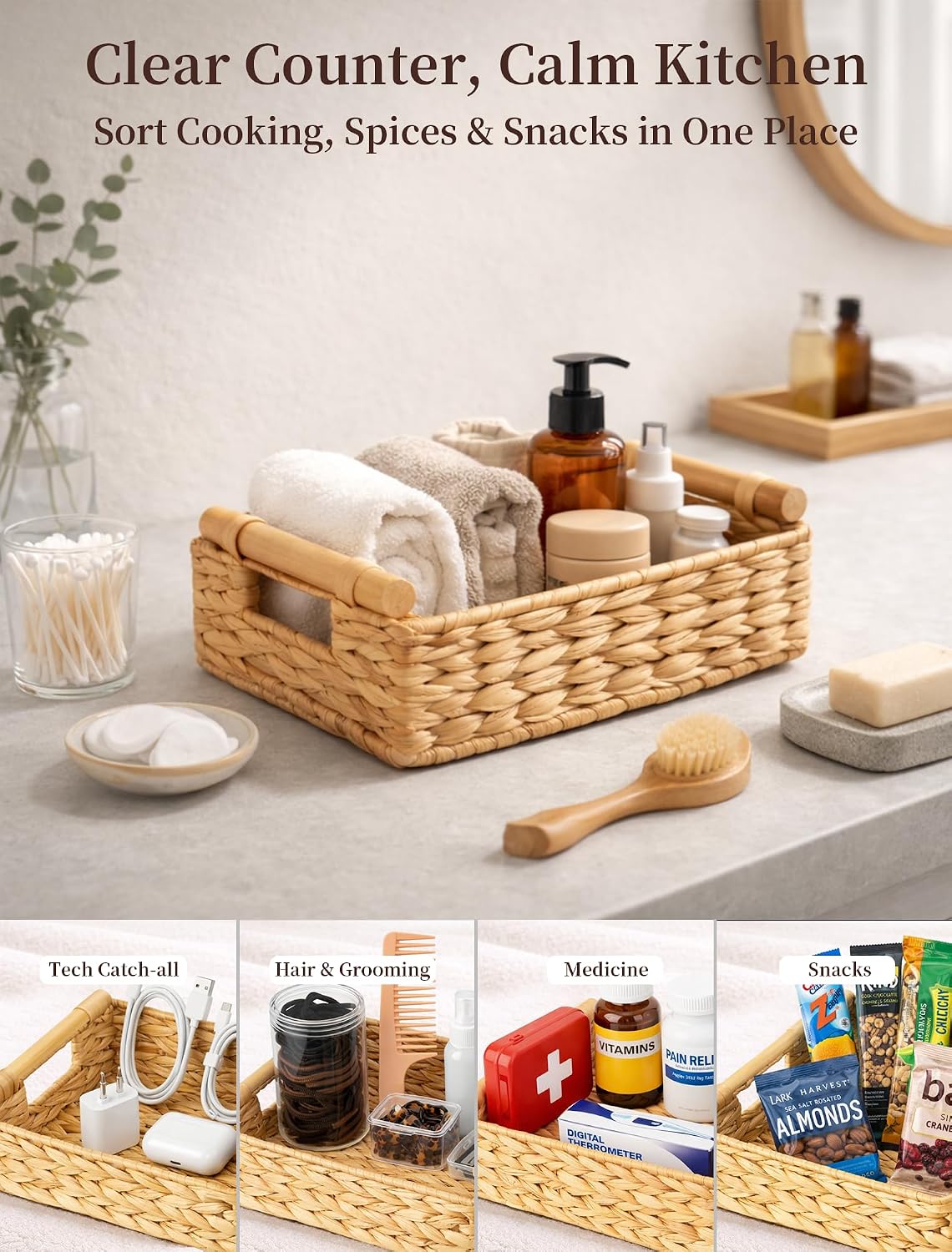 Water Hyacinth Wicker Basket, 13.39*9.45*4.65 Inch Woven Basket with Handles, Wooden Handles Wicker Storage Basket, Rattan Basket for Decorative Baskets, Pantry, Shelves, Gift, Toys - Medium