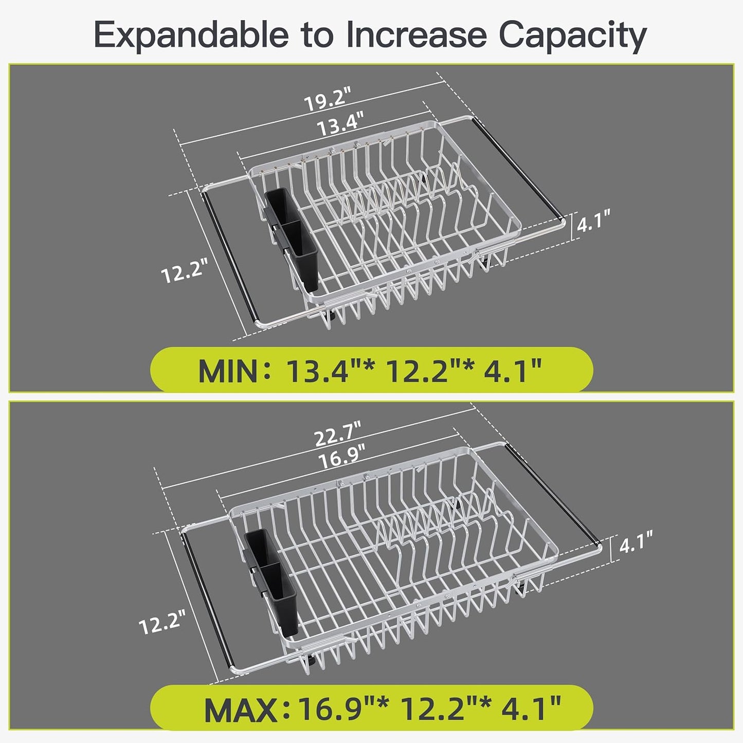 JASIWAY Dish Drying Rack in Sink, Expandable Stainless Steel Dish Drainers for Kitchen Counter, Dish Dryer Rack for Inside Sink, Over The Sink Dish Racks with Utensil Holder, Silver