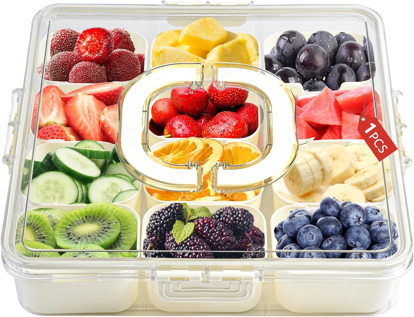 Snackle Box Charcuterie Container Divided Serving Tray with Lid and Handle Portable Snack Platters for Fruit Nuts Candy Entertaining Party Picnic(4 Compartments)