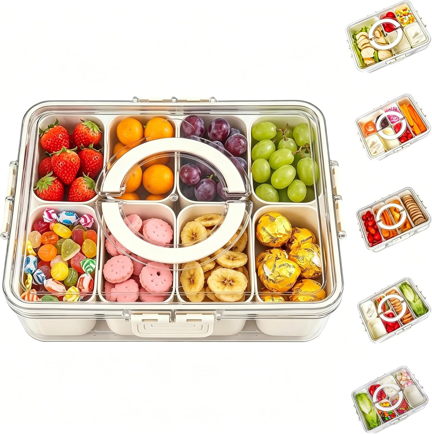 Bandesun Divided Serving Tray with Lid and Handle - Snackle Box Charcuterie Container for Portable Snack Platters - Clear Organizer for Candy, Fruits, Snacks，Nuts - Perfect (Pack of 2)