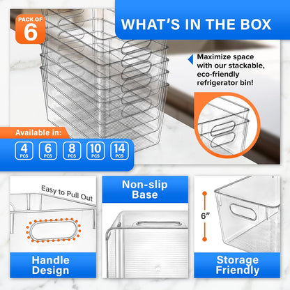 Lifemaster Multi-purpose Refrigerator Bins - 6 pieces Large Capacity Stackable Fridge Bin Organizer with Easy Grip Handles - Clear