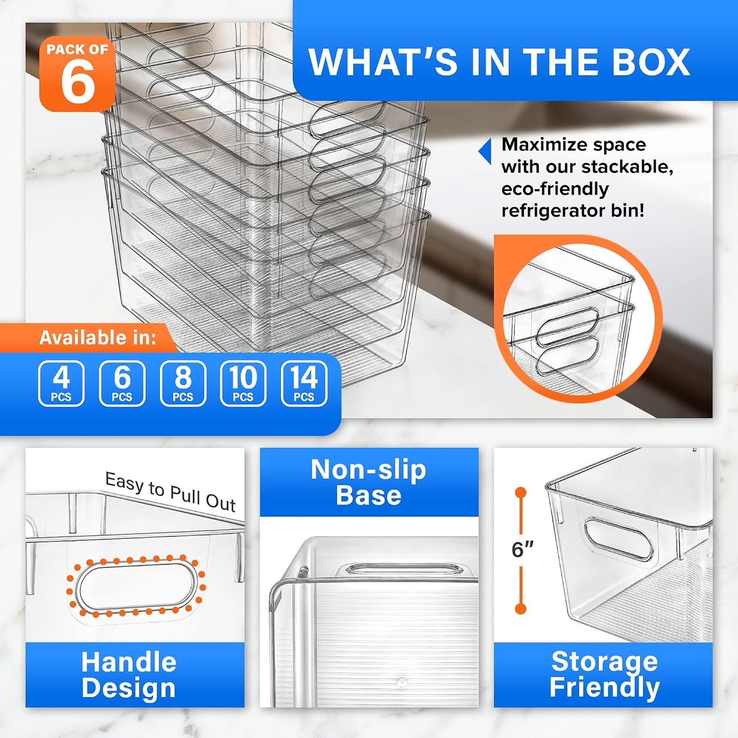 Lifemaster Stackable Refrigerator Bins - Set of 6 Large Capacity Organizers with Easy Grip Handles - Clear and Versatile for Kitchen Storage