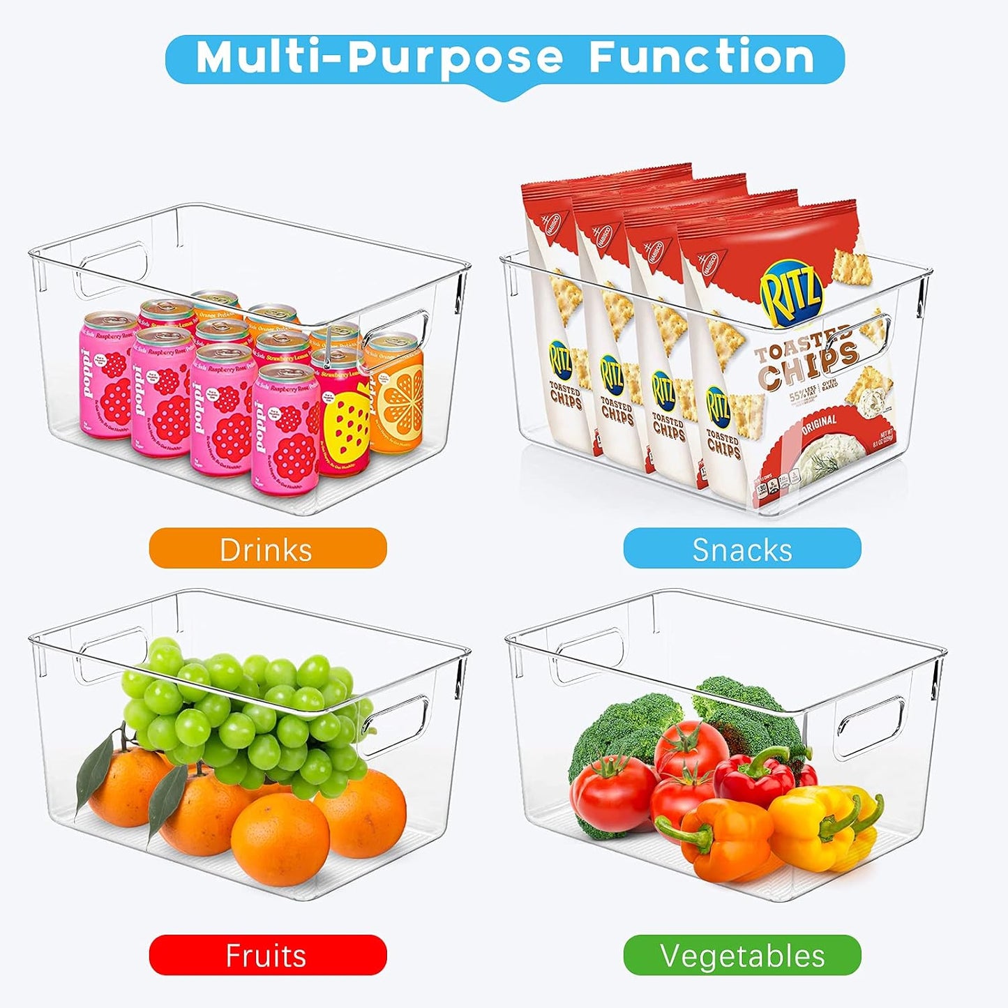 4 Pack Kitchen Organizers - Clear Plastic Storage Bins for Fridge, Pantry, Cabinet, Countertops and Bathroom