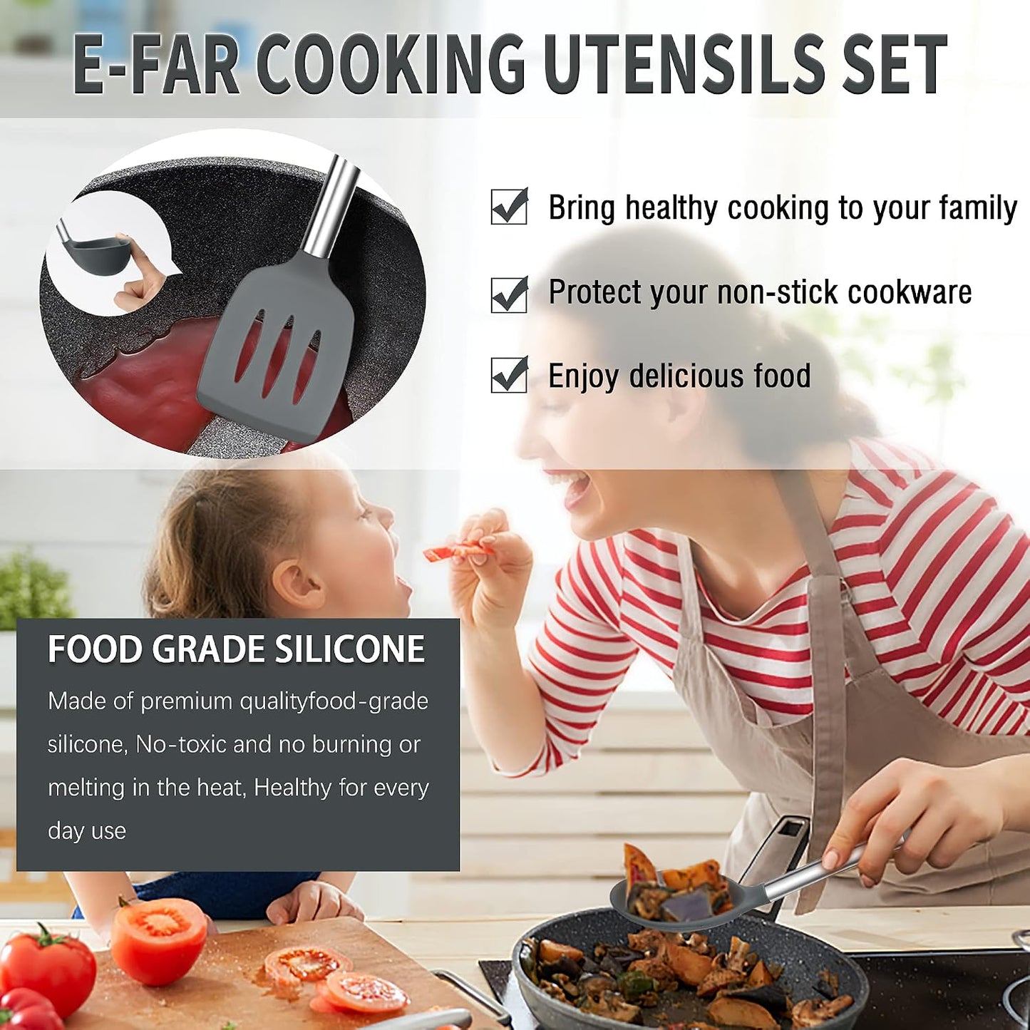 E-far Silicone Cooking Utensils Set, 7 Pcs Heat Resistant Kitchen Utensils with Stainless Steel Handle, Slotted Turner, Spoon, Soup Ladle, Pasta Server, Skimmer, Tongs for Nonstick Cookware, Black