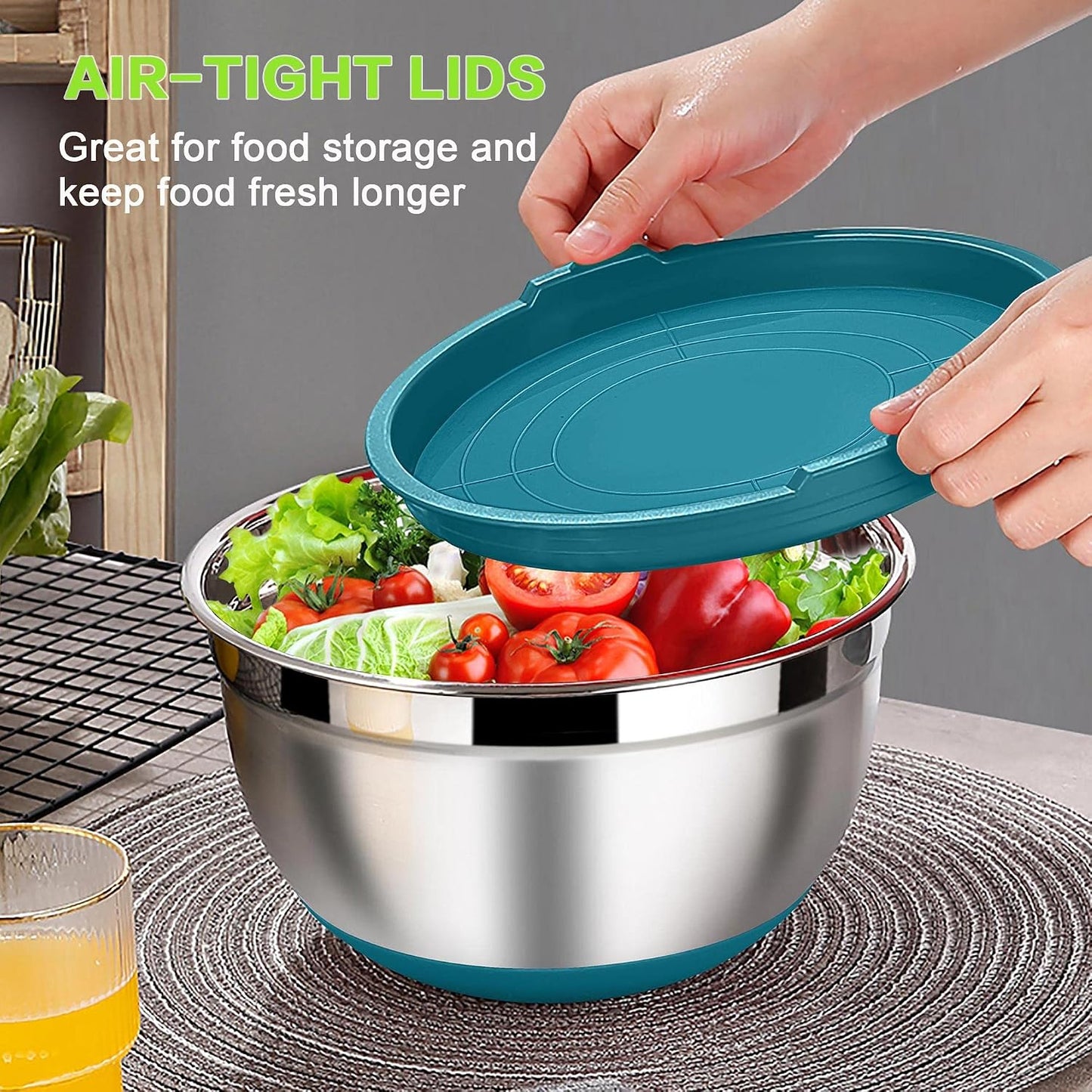 LIANYU Stainless Steel Mixing Bowls Sets of 6, Large 7, 3.5, 2.5, 2, 1.5, 1QT Size with Transparent Airtight Lids, Metal Nesting Serving Bowl Sets for Home Kitchen, Dishwasher & Freezer Safe, Black