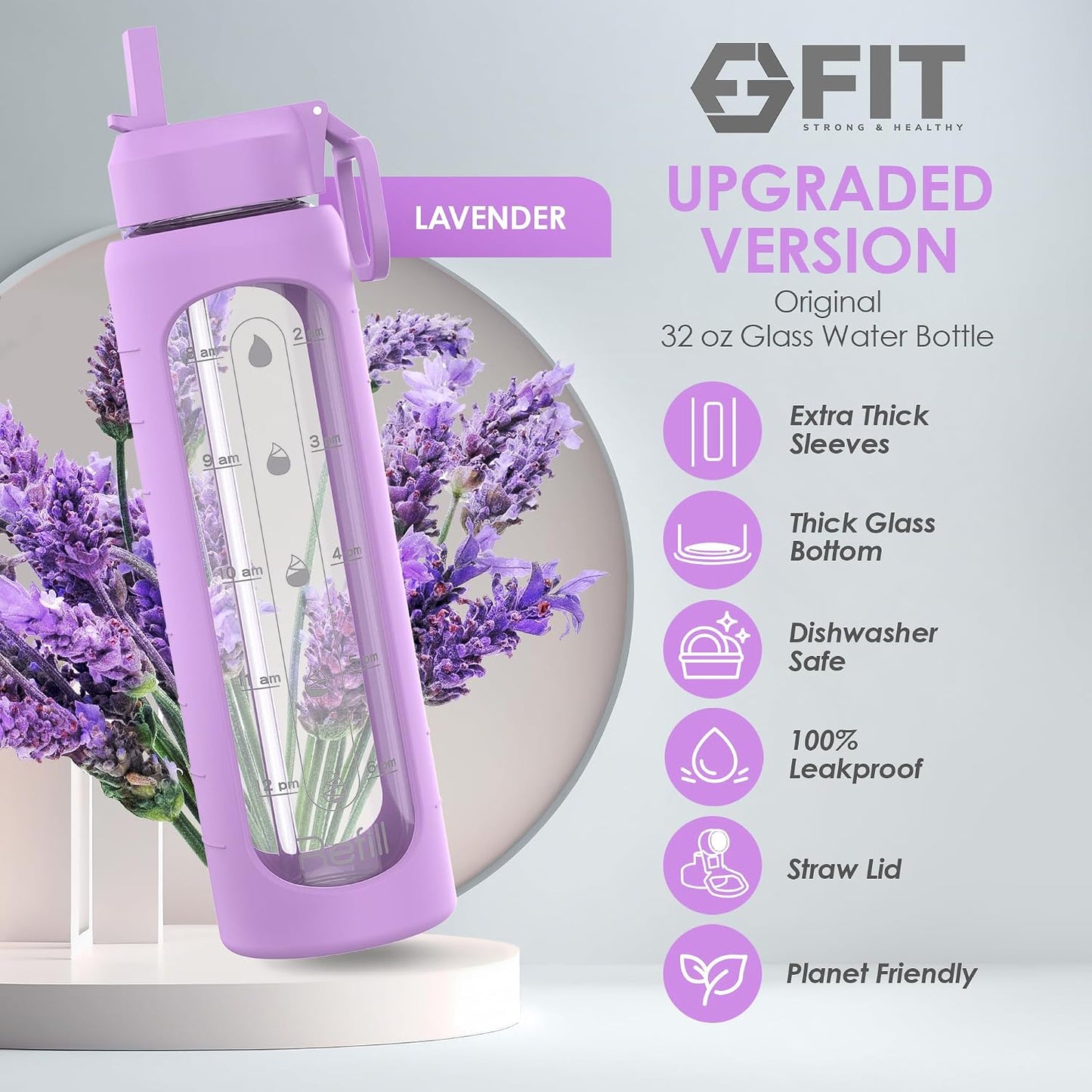 FIT Strong & Healthy 2 & 3 Compartment Glass Meal Prep Containers with LAVENDER Lids (4 Pack, 32 oz) and 32 oz Glass Water Bottle with Straw Lid, Time Marker, Sleeve & Extra Lid Bundle
