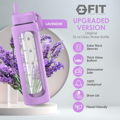 FIT Strong & Healthy 2 & 3 Compartment Glass Meal Prep Containers with LAVENDER Lids (4 Pack, 32 oz) and 32 oz Glass Water Bottle with Straw Lid, Time Marker, Sleeve & Extra Lid Bundle