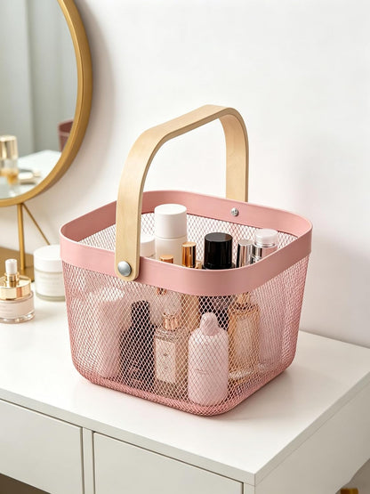 AJIODA Metal Mesh Steel Basket, Storage Organizer Basket Multi-functional Hanging Kitchen Baskets Fruit Basket Bin with Bamboo Handle for Kitchen Bathroom Picnic Shopping Decor Cabinet Home, Blue