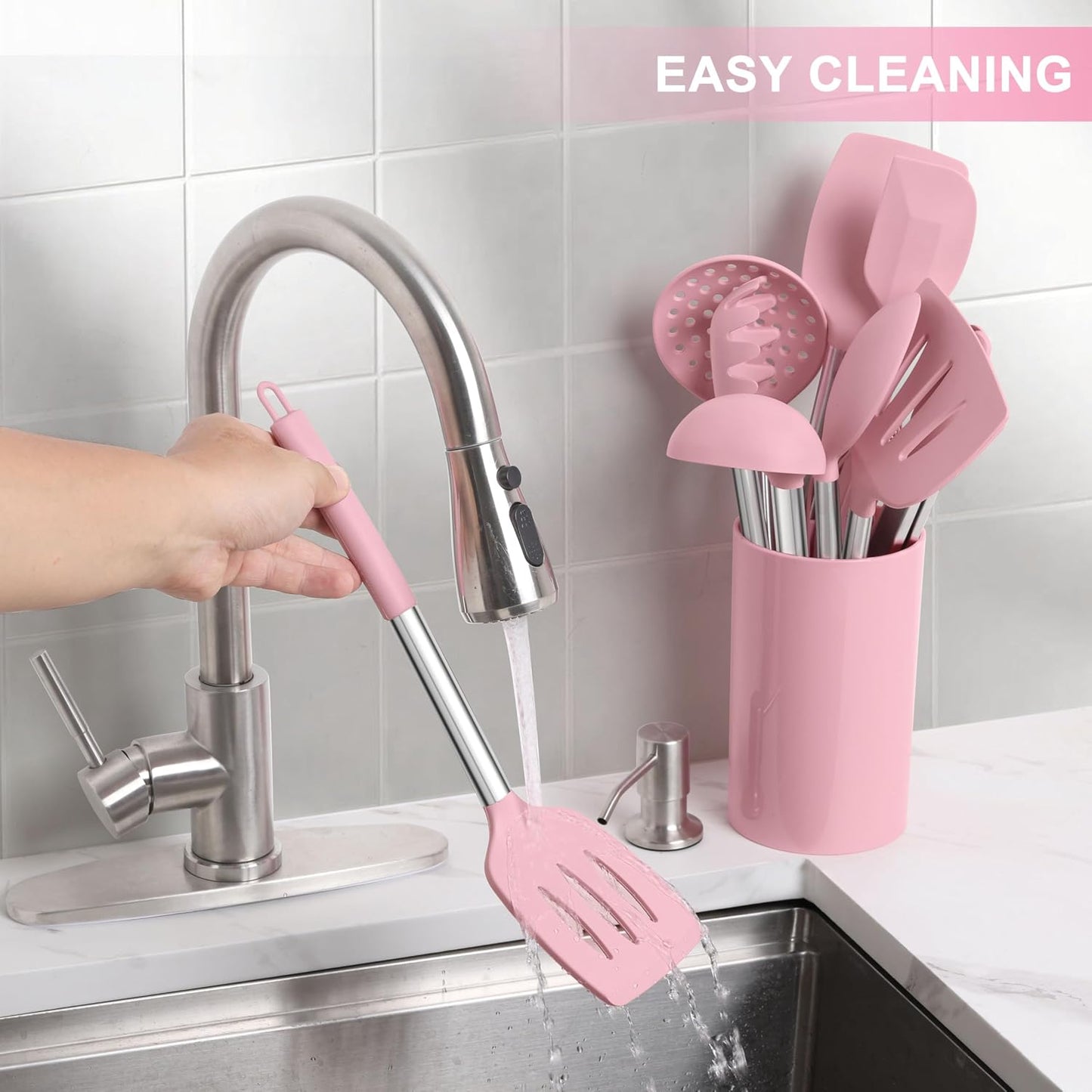 LIANYU 15 Pcs Kitchen Cooking Utensils Set with Holder, Silicone Kitchen Tools with Stainless Steel Handle, Heat Resistant Gadgets, Brush Spatula Spoon Whisk for Cookware, Dishwasher Safe, Khaki