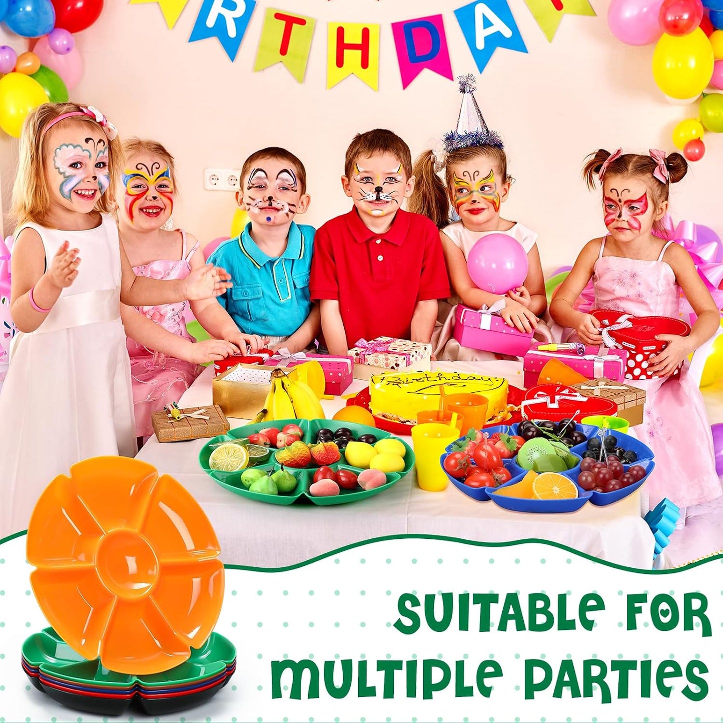 Zhehao 6 Pcs Plastic Divided Serving Trays with 60 Pcs Disposable Fork, 7 Compartments Round Chip Dip Plate, Petal Shape Platter, 10.6'' Snacks Serving Dish for Party Candy Nuts Fruits (Vibrant Color)