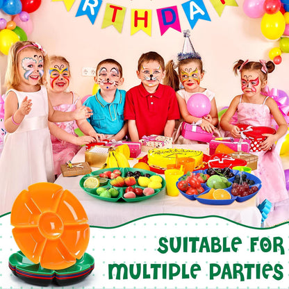 Zhehao 6 Pcs Plastic Divided Serving Trays with 60 Pcs Disposable Fork, 7 Compartments Round Chip Dip Plate, Petal Shape Platter, 10.6'' Snacks Serving Dish for Party Candy Nuts Fruits (Vibrant Color)