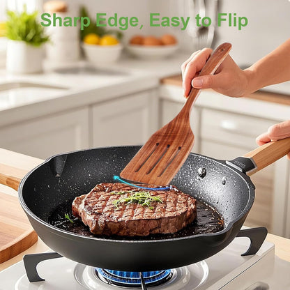 Wooden Spatula, Acacia Wood Long Handle Flat Frying Turner, Handmade wooden spoons for cooking, Kitchen Utensil set, Non-Stick Cooking Spurtle Utensils for kitchen use