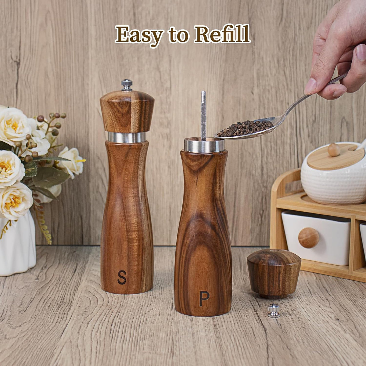 Haomacro Wooden Salt and Pepper Grinder Set Refillable Salt & Pepper Mills