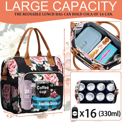 TuErCao Small Lunch Bag Lightweight Insulated Lunch Box for Women Work Portable Soft Cooler for Picnic Travel Road Trips, Loncheras para Mujer, Black
