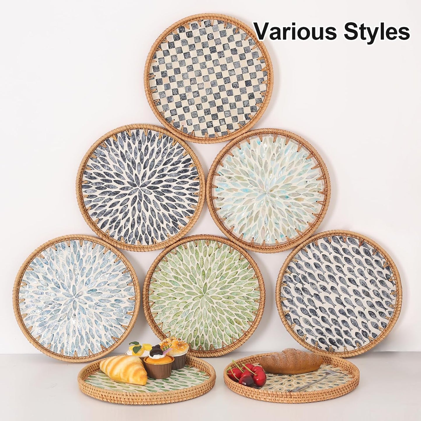 Round Rattan Tray with Mother of Pearl Inlay, Rattan Serving Tray for Coffee, Bread, Fruits, Decorative Wicker Tray for Table Decor, Home Decor, Kitchen Island Decor(Black Checkerboard, 11.8")