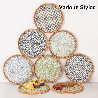 Round Rattan Tray with Mother of Pearl Inlay, Rattan Serving Tray for Coffee, Bread, Fruits, Decorative Wicker Tray for Table Decor, Home Decor, Kitchen Island Decor(Black Checkerboard, 11.8")