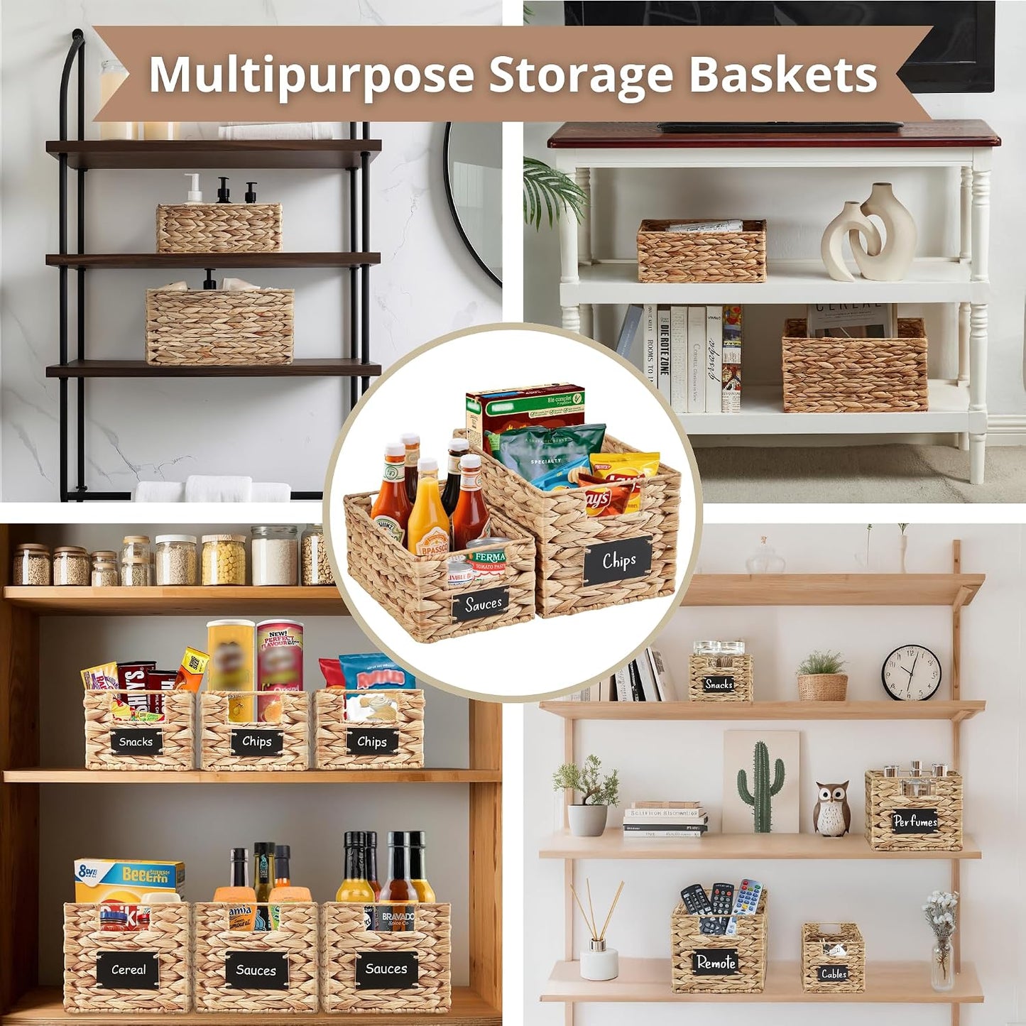 DECOMOMO Wicker Storage Baskets, Handwoven Pantry Baskets, Water Hyacinth Storage Baskets w/Chalkboard and Marker (Natural, Set of 2)